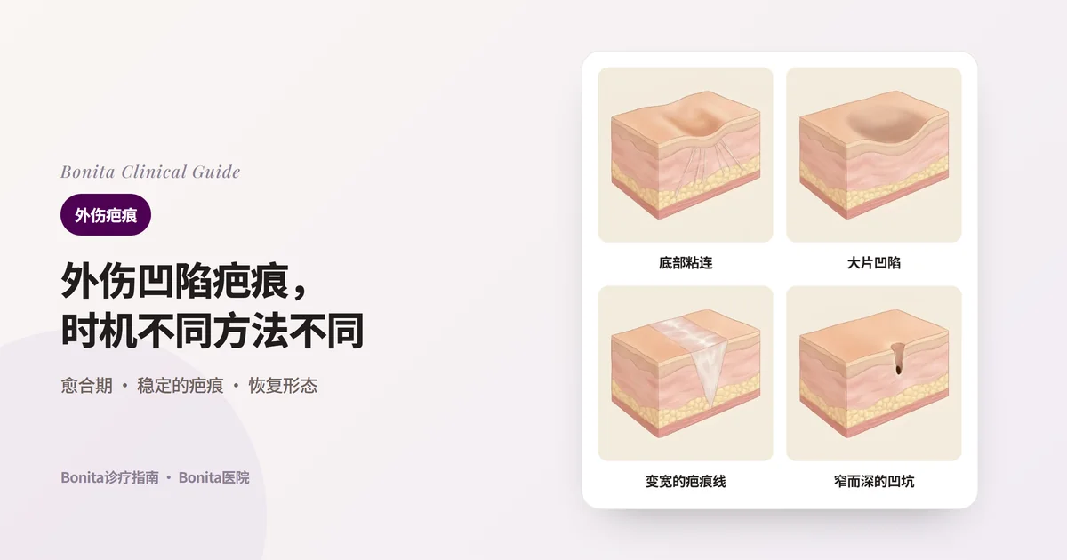 同一块皮肤剖面画成四张卡片：底部被纤维牵住而凹陷的疤痕、脂肪层变薄的大片凹陷、变宽的疤痕线、窄而深的凹坑，并写出主要考虑的方法