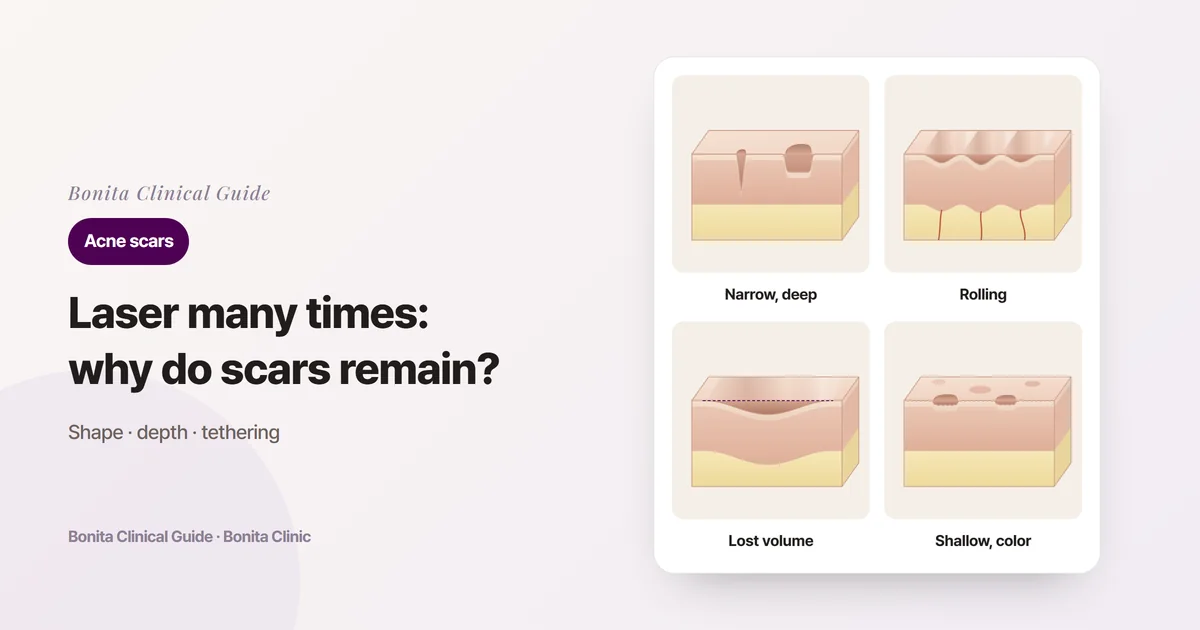 Four skin cross-section blocks showing narrow deep scars, a wave-like dip whose base is tied down by fibrous bands, a broad hollow from lost volume, and shallow dips with red-brown marks