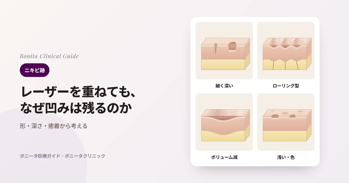 四つの皮膚断面ブロックに、細く深い傷跡、底が線維の束に結ばれて波のように沈んだ傷跡、ボリュームが失われて広く沈んだ所、浅いくぼみと赤・茶色の跡を描き、主に使う治療を書いたカード