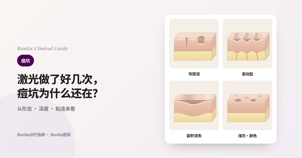 四个皮肤截面块分别画出窄而深的疤痕、底部被纤维束拴住而呈波浪状凹陷的疤痕、容积流失形成的大片凹陷，以及浅凹陷和红褐色印记，并写出常用的治疗