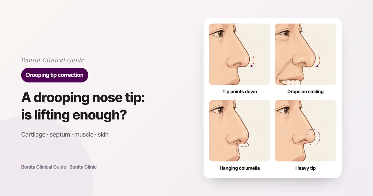 Four profile drawings of the same person's nose: a tip tilting toward the lip, a tip dropping further on smiling, a columella hanging low, and a heavy drooping tip