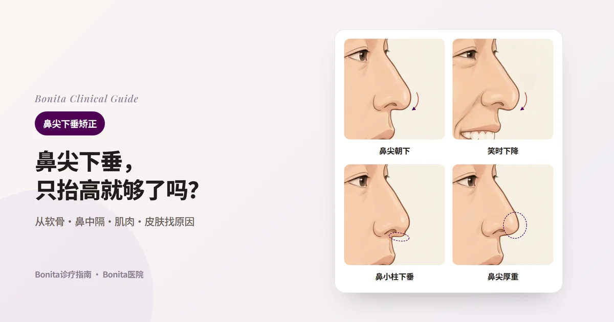 同一个人的四张侧面鼻子插图：鼻尖朝嘴唇方向下倾、笑时鼻尖更低、鼻小柱下垂、鼻尖厚重下垂，每张卡片写出可能的原因和要确认的内容。