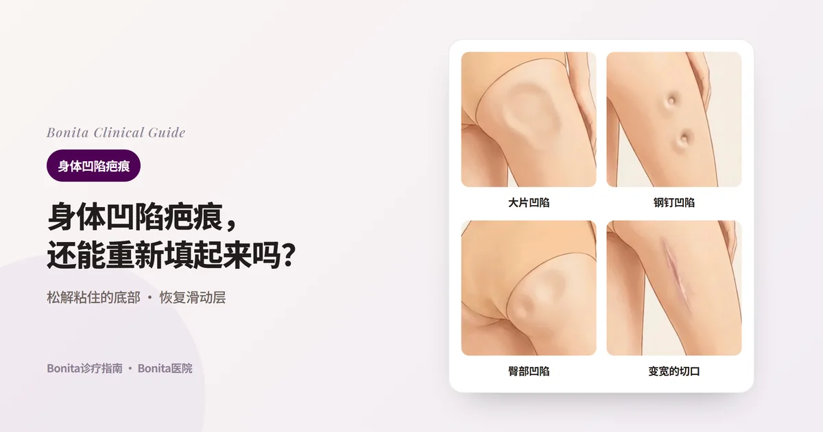 从背后看的臀部与大腿插画四张，分别画出大腿后侧大片凹陷的外伤疤痕、大腿外侧两个被拉进去的圆形钢钉疤痕、臀部下方的凹陷、大腿后侧变宽的切口疤痕，并写出首先考虑的方法