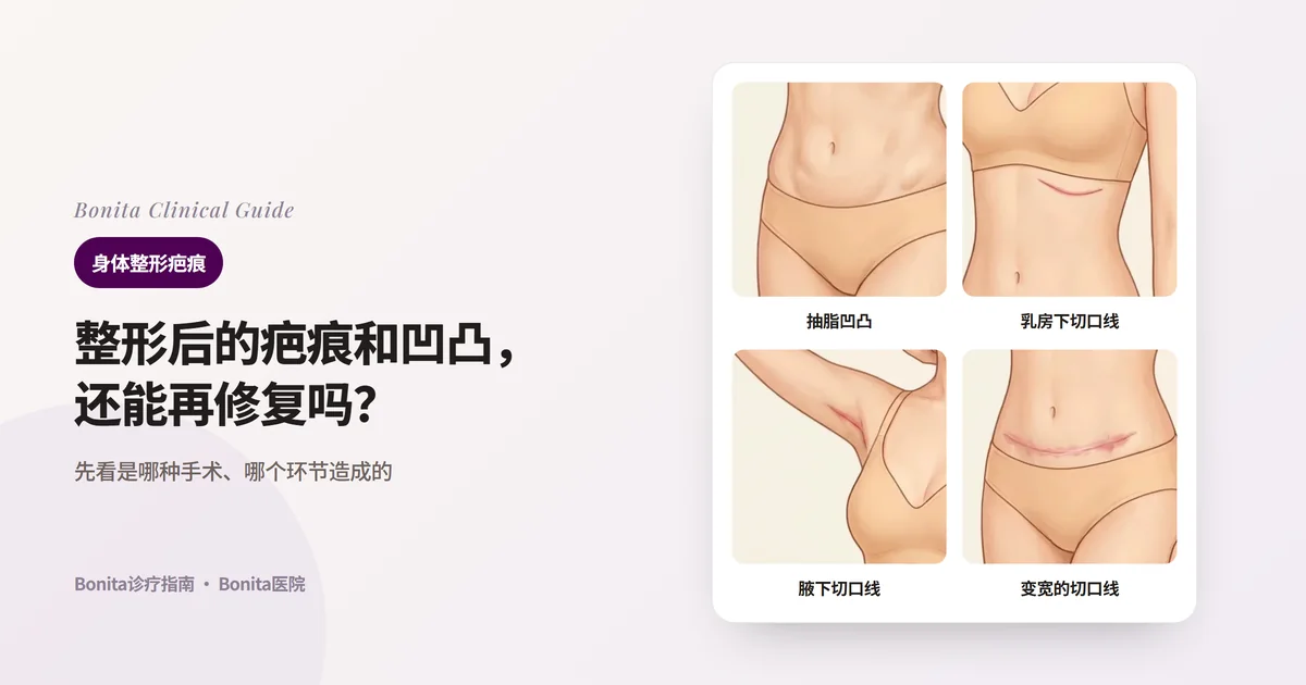 同一个人的躯干插画四张，分别画出下腹部抽脂后的凹凸不平、乳房下方发红变宽的切口线、举起手臂的腋下发红切口线、横过下腹部变宽的切口线，并写出首先要看的地方