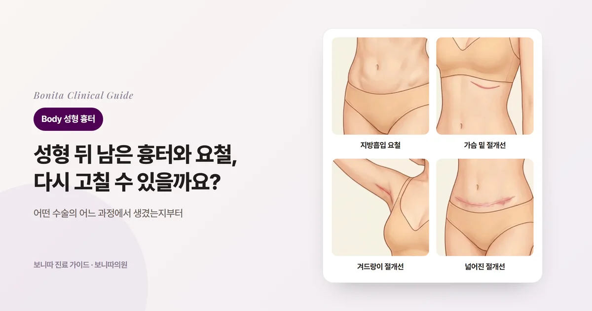 같은 사람의 몸통 삽화 네 장에 아랫배의 지방흡입 뒤 울퉁불퉁한 요철, 가슴 밑의 붉고 넓어진 절개선, 들어 올린 팔 겨드랑이의 붉은 절개선, 아랫배를 가로지르는 넓어진 절개선을 그리고 먼저 보는 점을 적은 카드