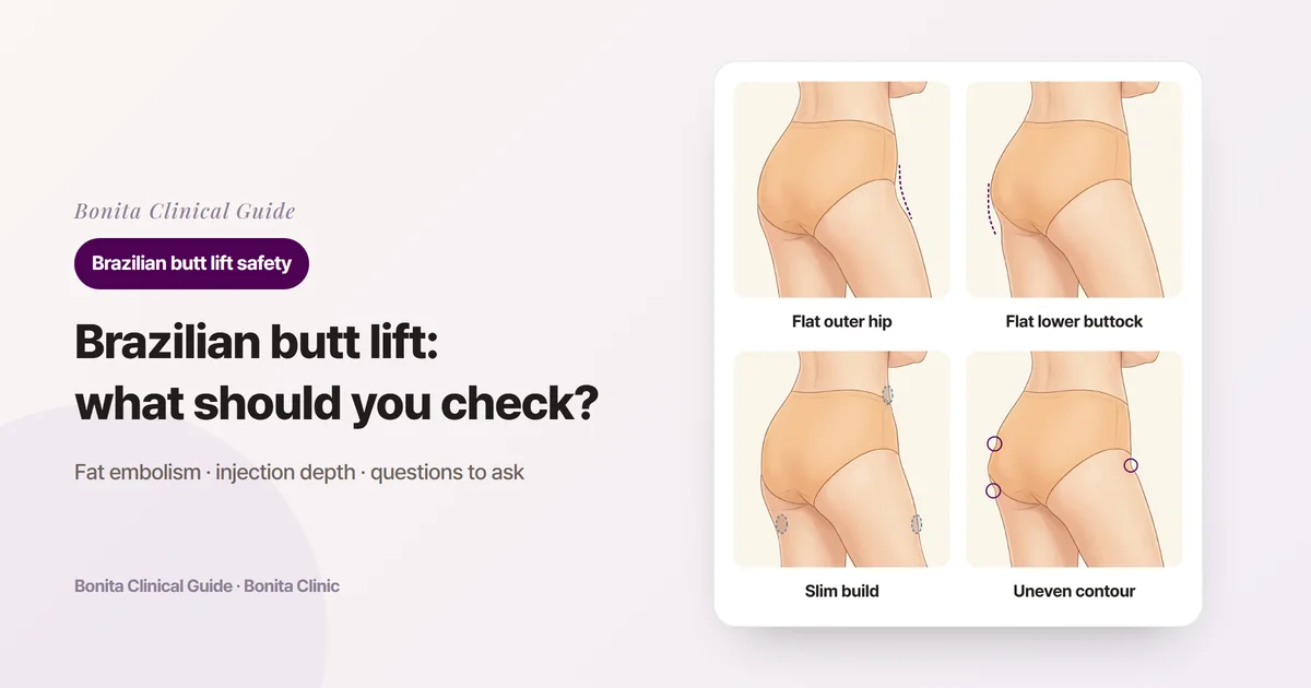 Four oblique back-view illustrations of the buttocks marking a hollow outer hip with no side line, a flat lower buttock, a slim build with little fat to spare