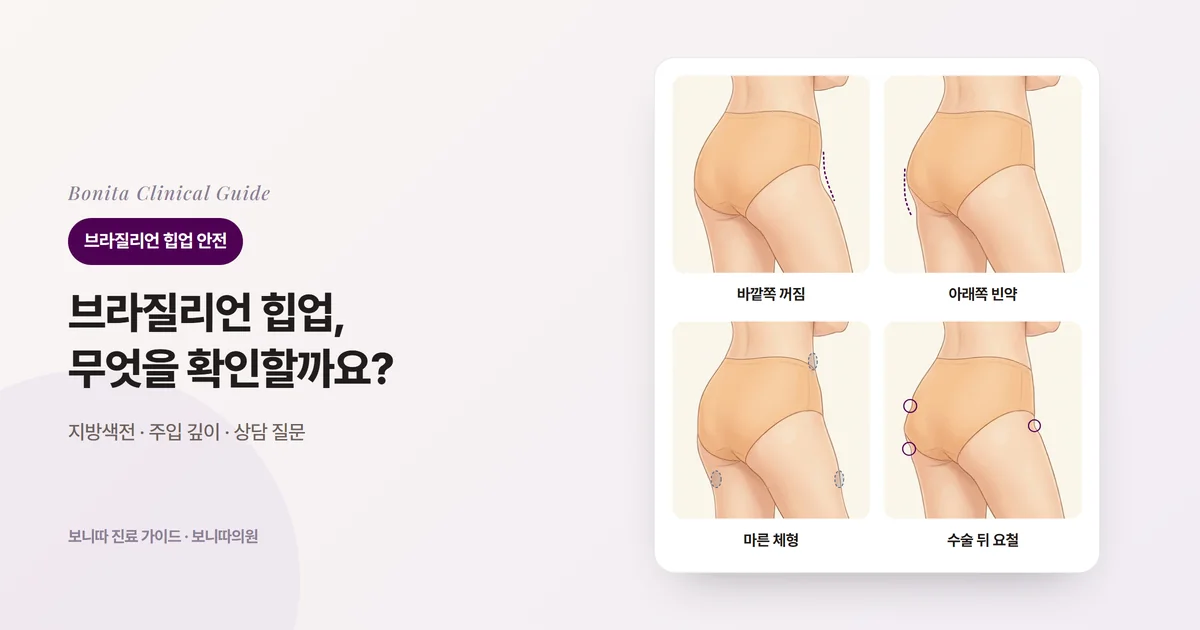 비스듬히 뒤에서 본 엉덩이 삽화 네 장에 바깥쪽이 꺼져 옆 라인이 없는 경우, 아래쪽이 빈약한 경우, 뺄 지방이 적은 마른 체형, 이전 수술 뒤 생긴 요철을 각각 표시하고 먼저 확인하는 것을 적은 카드
