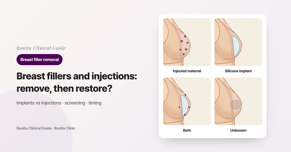 Four cards on the same side view of the breast, each showing what is inside: injected material only, a silicone implant only, both, or material that is not known, with the approach for each