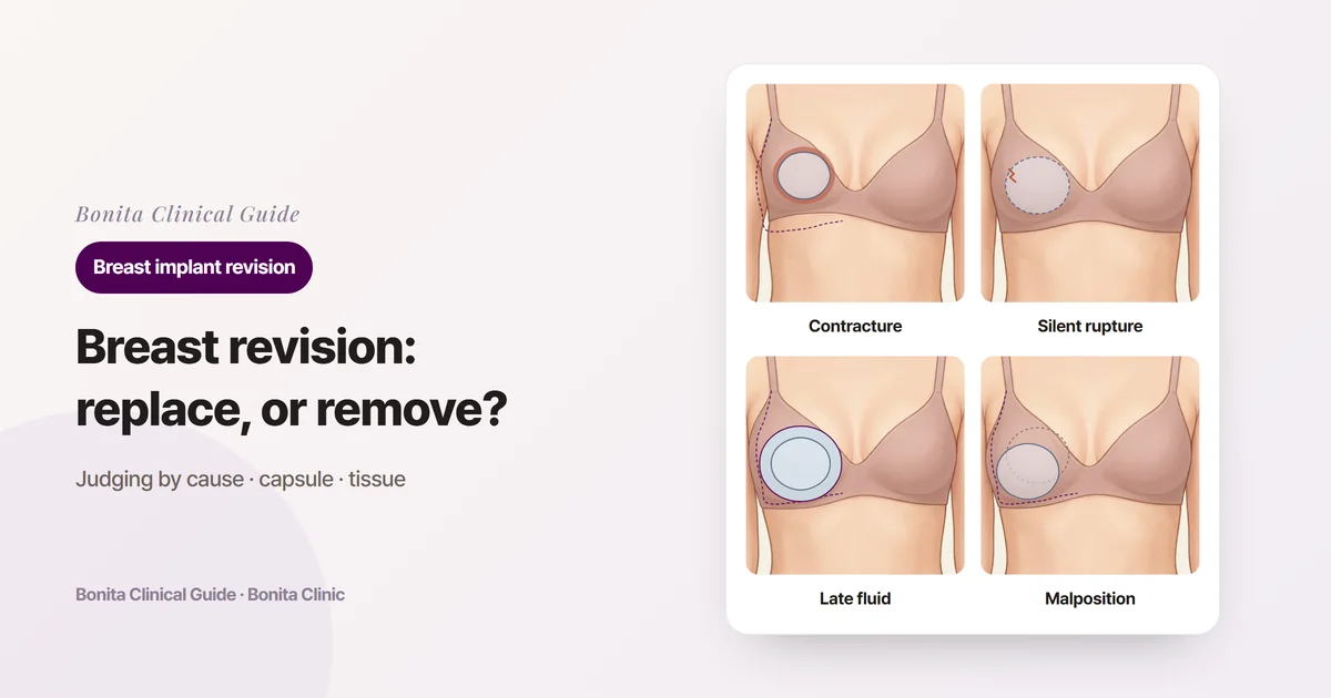 Four front views of the same person: one breast firm and sitting higher and rounder with a tightened capsule around the implant, an implant torn inside while the outside looks the same