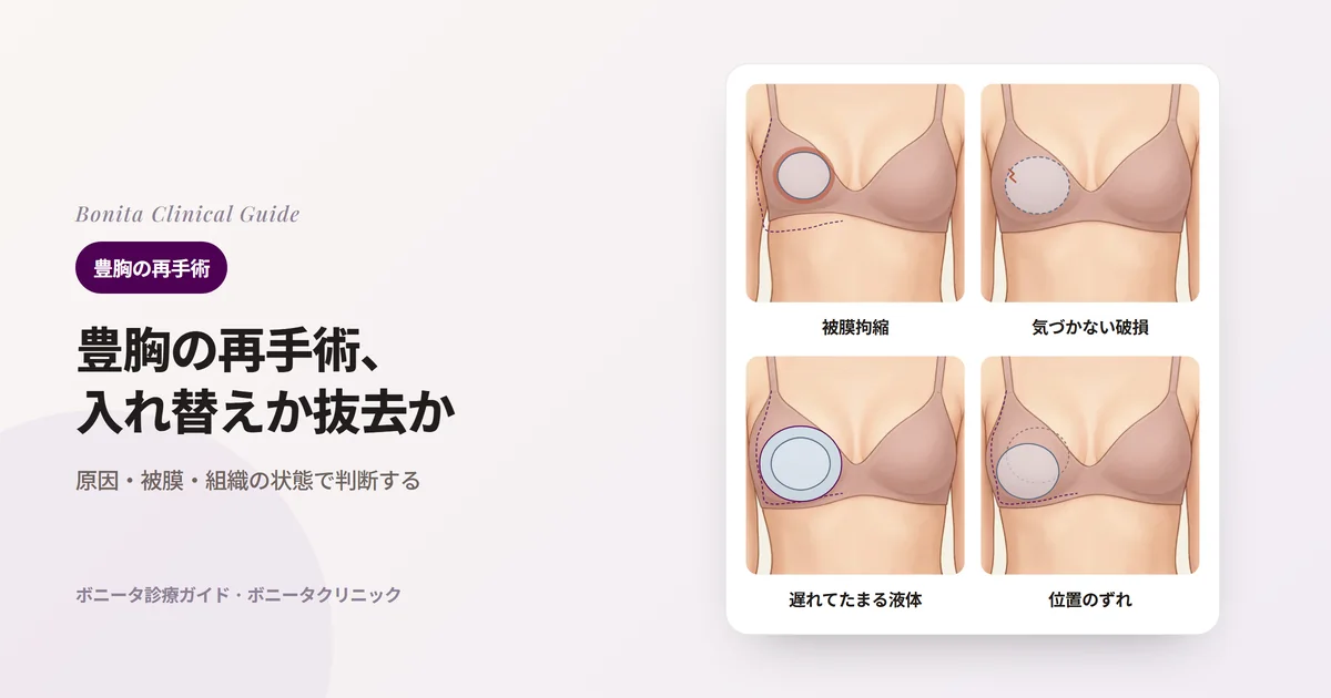 同じ人の胸の正面4枚。片側が硬くなり高く丸く変わりインプラント周囲の被膜が締まった場合、外見は同じだが中でインプラントが破れている場合、片側が腫れインプラント周囲に液体がたまった場合、片側のインプラントがもとの位置から下や外にずれた場合を、変わる前の輪郭（点線）とともに示し、それぞれ先に行う検査や診察を書いたカード
