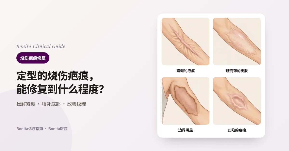 在手臂插画上分别画出横过肘窝紧绷的厚疤痕带、前臂变硬变薄的疤痕皮肤、上臂边界明显的大面积疤痕、前臂凹陷的疤痕，并写出Bonita医院方法的四张卡片