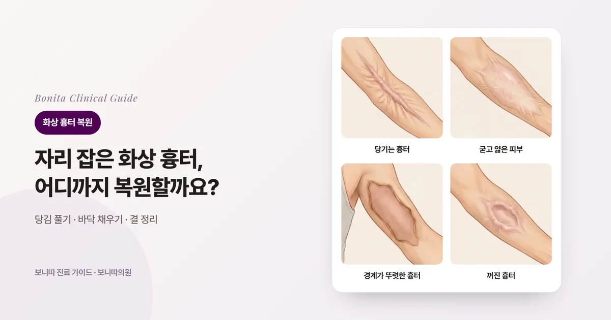 팔 삽화 네 장에 팔오금을 가로질러 당기는 두꺼운 흉터 띠, 아래팔의 굳고 얇아진 흉터 피부, 위팔의 경계가 뚜렷한 넓은 흉터, 아래팔의 꺼진 흉터를 각각 그리고 보니따의원의 방법을 적은 카드
