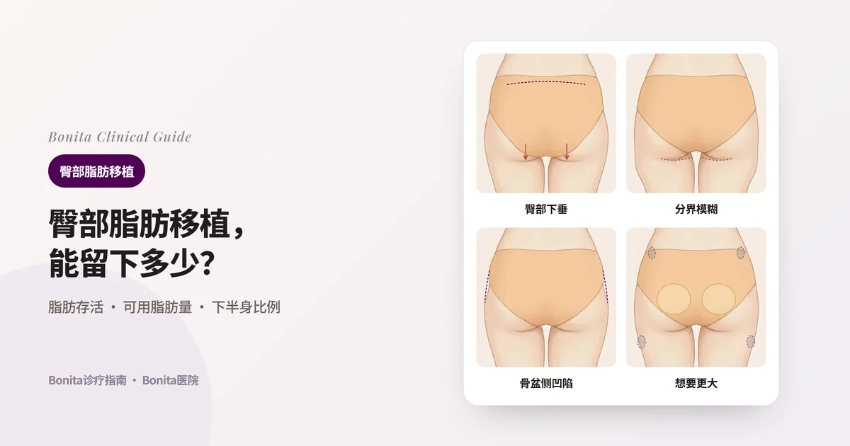 四张背面臀部插图，分别标示下方下垂的臀部、与大腿分界模糊的臀部、骨盆侧面凹陷的臀部，以及想大幅增大时抽取与注入脂肪的部位，并写出Bonita医院先确认的重点