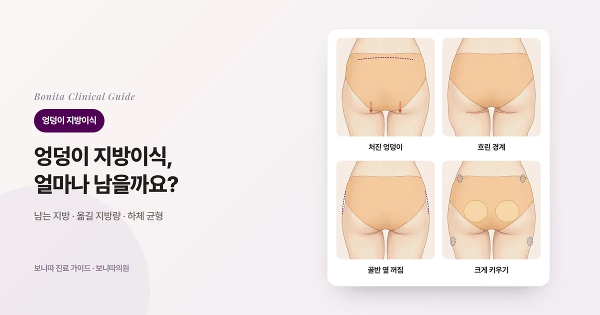 뒤에서 본 엉덩이 삽화 네 장에 아래쪽이 처진 엉덩이, 허벅지와의 경계가 흐린 엉덩이, 골반 옆이 꺼진 엉덩이, 크게 키우고 싶을 때 지방을 뺄 곳과 넣을 곳을 각각 표시하고 보니따의원이 먼저 확인하는 것을 적은 카드