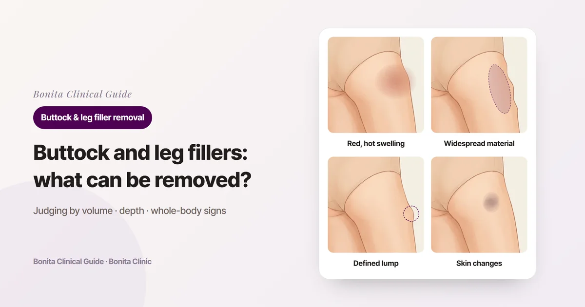 Four cards on the same rear view of the buttock showing red, hot swelling, soft material spread widely with an uneven outline, a clearly bordered raised lump, and darkened skin