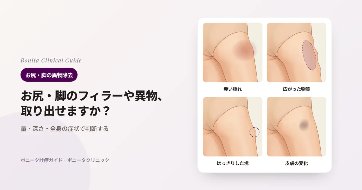 同じお尻の後ろ姿4枚に、赤く腫れた炎症、輪郭がでこぼこに広く広がったやわらかい物質、境目のはっきりした盛り上がった塊、黒ずんだ皮膚を描き、それぞれまず検討する方法を記したカード