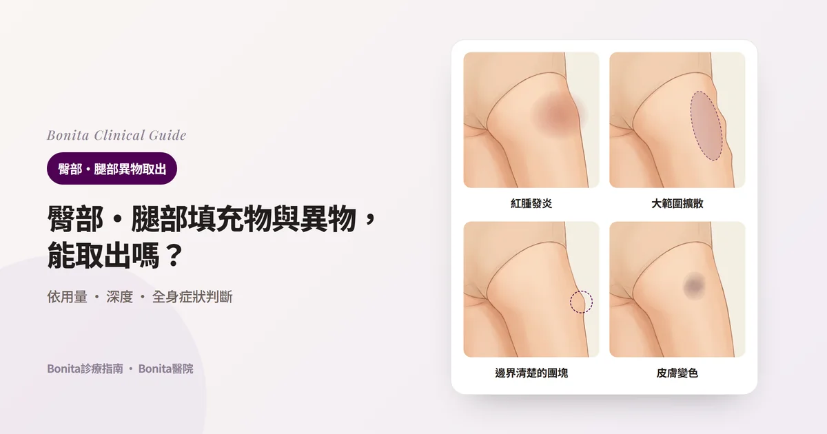在同一張臀部背面圖上分別畫出紅腫發炎、輪廓凹凸不平的大範圍較軟物質、邊界清楚的隆起團塊、發暗的皮膚，並寫出各自先考慮的方式的四張卡片