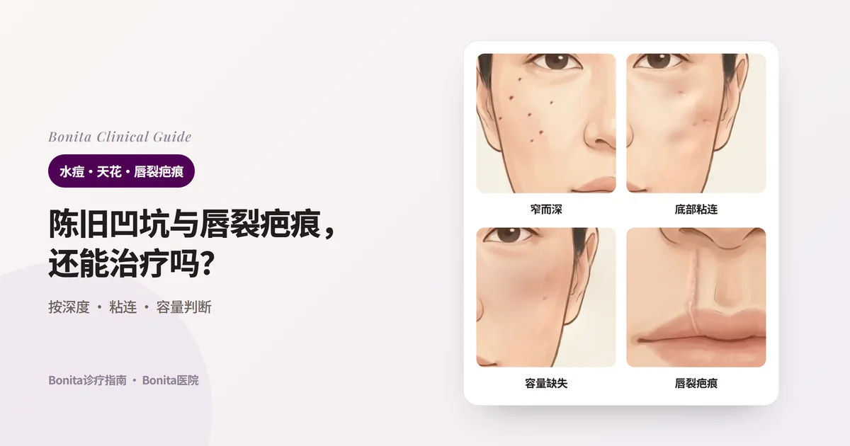 三张脸颊插画分别画出窄而深的凹坑、底部被牵住形成阴影的凹陷、大面积容量缺失，一张嘴唇插画画出人中的唇裂手术疤痕，并写出适合的方法