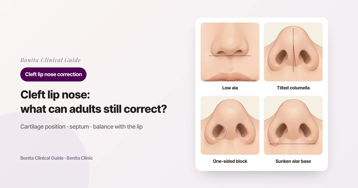 Four cards drawn from the same person's nose: a low, wide ala from the front, and, seen from below, a tilted columella, a flattened cleft-side nostril and a cleft-side alar base sitting further back
