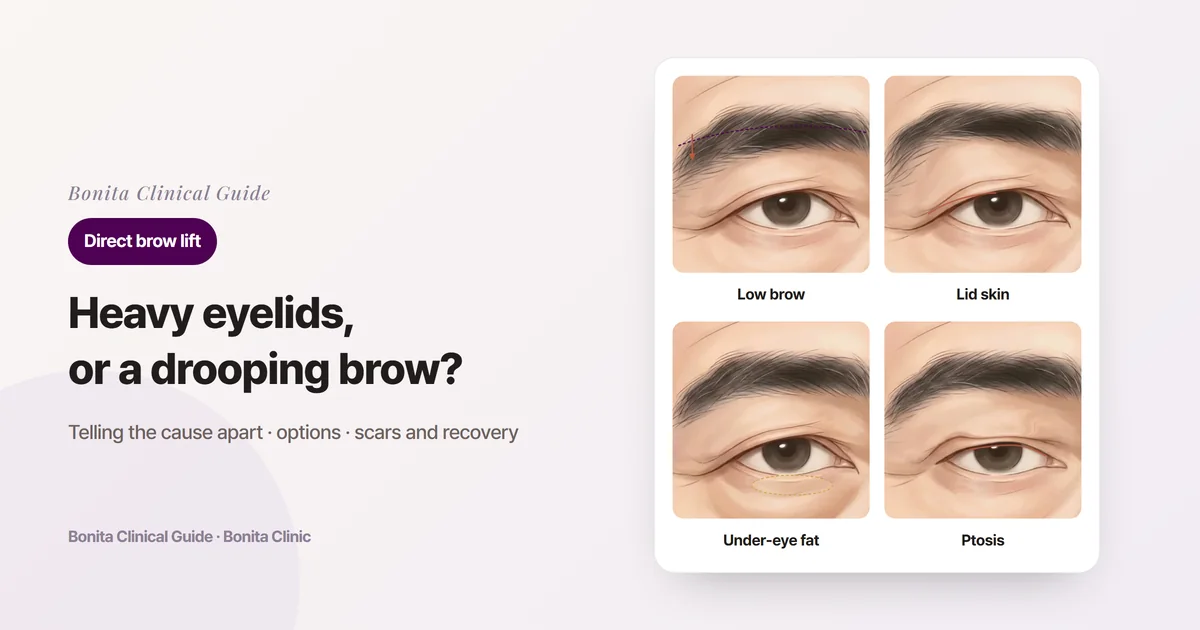 Four eye illustration cards: a lowered brow, sagging upper eyelid skin, bulging under-eye fat, and a lid margin covering the iris, each with the approach considered first