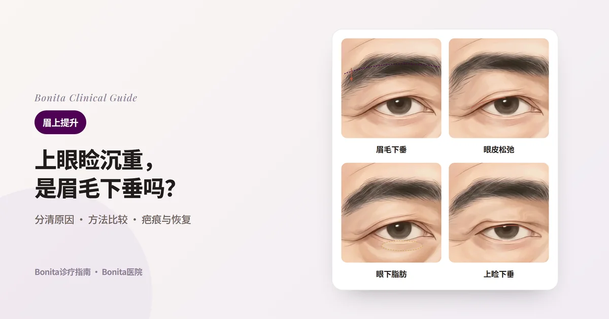 四张眼部插图卡片：眉毛下垂的眼睛、上眼睑皮肤松弛的眼睛、眼下脂肪突出的眼睛、眼睑边缘遮住黑眼珠的眼睛，以及各自优先考虑的方法