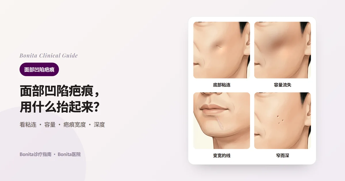 同一张脸的四张插画分别画出底部被往下拉的面颊疤痕、大片容量流失的面颊、从下唇下方到下巴变宽的线状疤痕、窄而深的凹坑，并写出主要考虑的方法