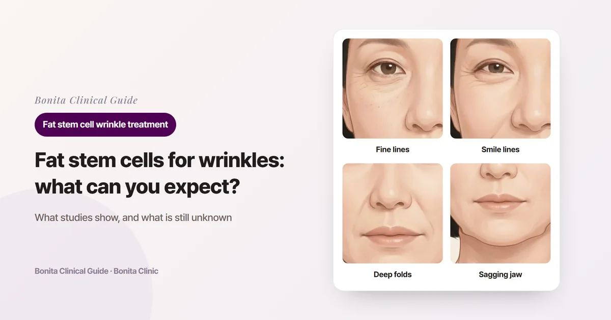 Four front-view illustrations of the same woman in her late forties: fine lines and rough texture at rest, expression lines at the outer eyes when smiling, deep folds beside the nose