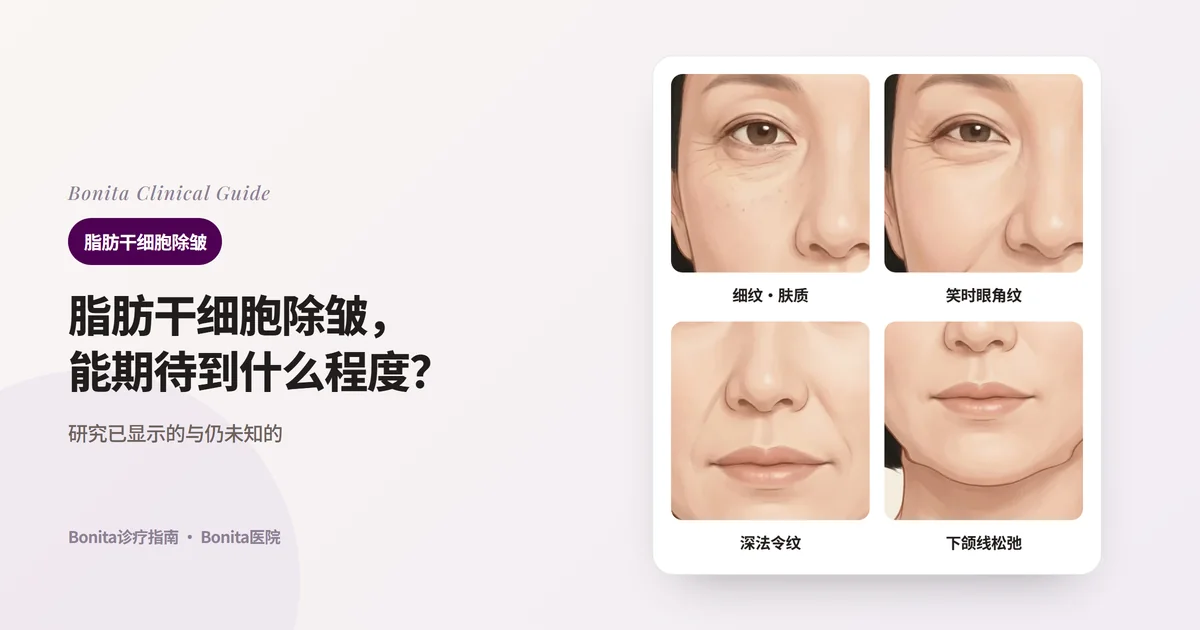 同一位40多岁女性的四张正面插画：静态时可见的细纹与粗糙肤质、笑时眼角出现的表情纹、深的法令纹、松弛的下颌线，并写明各自优先考虑的方法