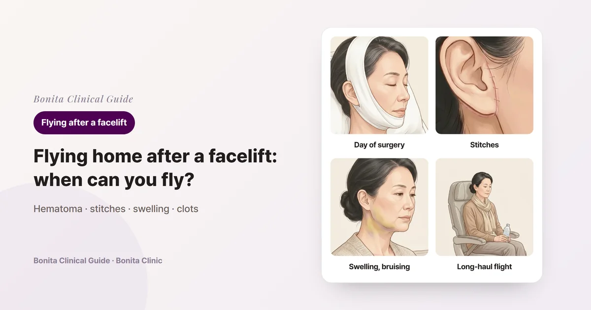 Four drawings of the same woman in her fifties: resting against pillows on the day of surgery with a facial support wrap
