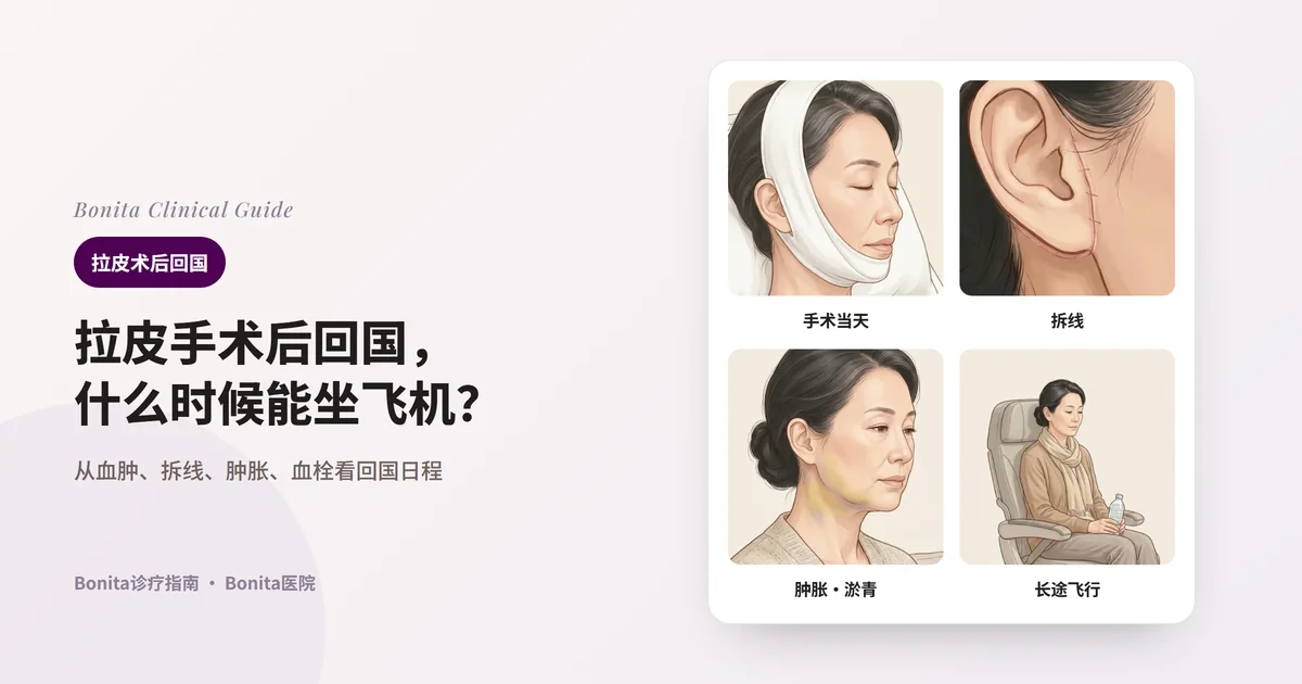 同一位50多岁女性的四张插图：手术当天戴着面部固定带靠在枕头上休息，耳朵特写可见沿耳前皱褶和耳垂下方的缝线，下颌线和颈部上方有淡淡的淤青，坐在飞机座位上拿着一瓶水。每张卡片写有需要确认的事项。
