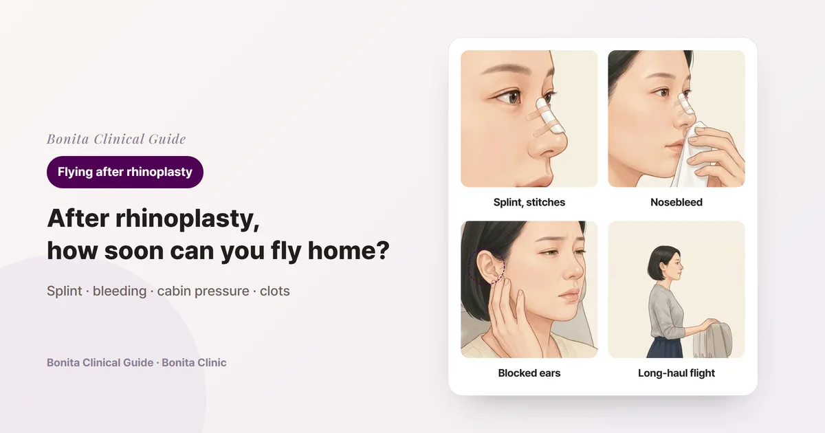 Four drawings of the same woman: a profile with a splint on the bridge of the nose, holding a clean tissue under her nose, touching the area below her ear in an airplane seat