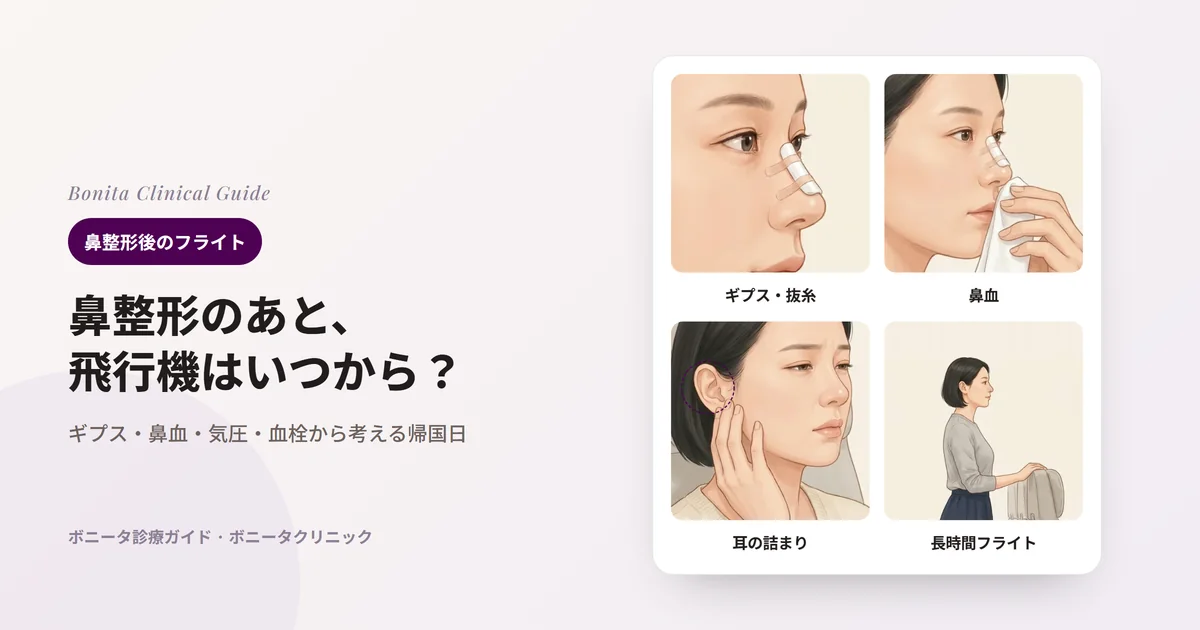 同じ女性のイラスト4枚：鼻筋にギプスを付けた横顔、清潔なティッシュを鼻の下に当てた姿、飛行機の座席で耳の下に触れている姿、機内の通路に立ち、座席の背もたれにつかまって体を動かしている姿。カードごとに、フライトの前後に確認することを記した。