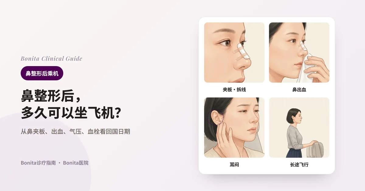 同一位女性的四张插图：鼻梁贴着鼻夹板的侧脸、用干净纸巾轻按鼻下、在飞机座位上轻触耳朵下方、站在机舱过道扶着椅背活动身体。每张卡片写明飞行前后需要确认的事项。