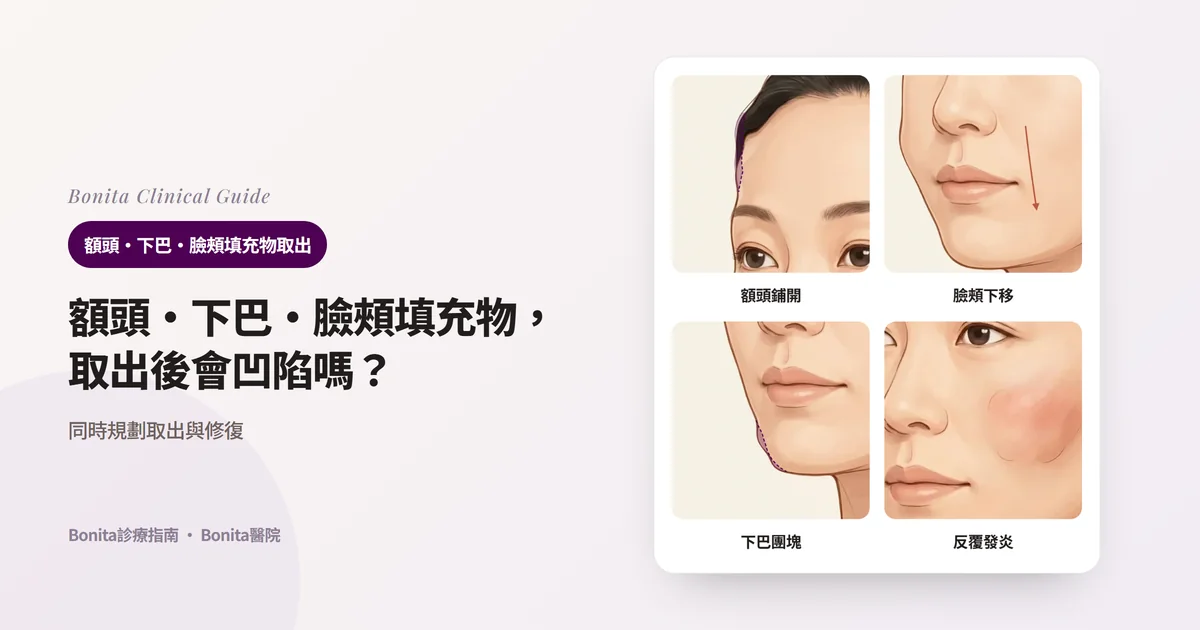 同一張臉的四幅插圖，分別畫出大面積注入而鼓起的額頭、下移變沉的臉頰、團塊隆起的下巴尖、發紅腫脹的臉頰，並寫出取出物質後要一起考慮的變化。額頭和下巴尖標示了物質撐起的體積。