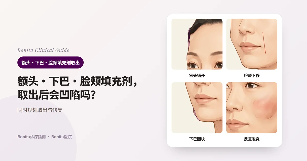 同一张脸的四幅插图，分别画出大面积注入而鼓起的额头、下移变沉的脸颊、团块隆起的下巴尖、发红肿胀的脸颊，并写明取出物质后要一起考虑的变化。额头和下巴尖标出了物质撑起的体积。