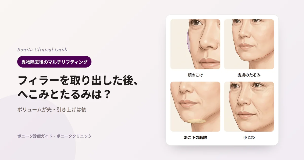 同じ斜めの顔4枚に、片方のほおのこけ、物質が抜けた後に下あごとあごの線が下がった様子、あごの線の下に脂肪が下がった様子、ほうれい線と目の下の小じわを描き、それぞれ選ぶ方法を記したカード