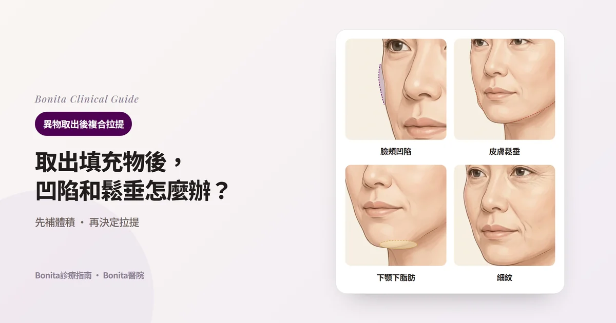 在同一張斜側面臉上分別畫出一側臉頰凹陷、物質取出後下顎與下顎線下垂、下顎線下方脂肪下垂、法令紋和眼下細紋，並寫出各自選擇的方式的四張卡片