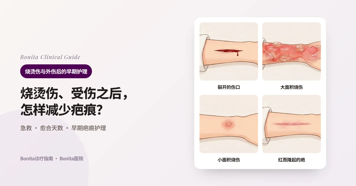 在前臂插画上分别画出出血裂开的伤口、起水疱的大面积烧伤、硬币大小的小面积烧伤、已愈合但发红隆起的疤痕，并写出应先做的事的四张卡片