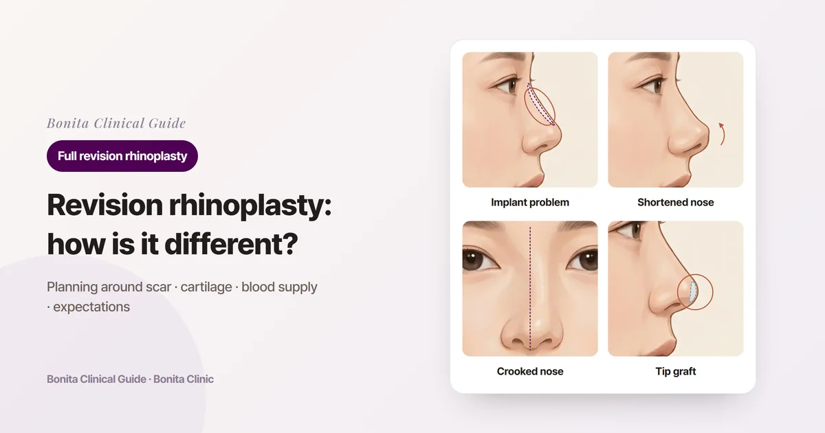 Cards marking four common reasons for revision on side and front illustrations: a problem bridge implant, a nose shortened after silicone surgery, a crooked nose, and a tip graft problem