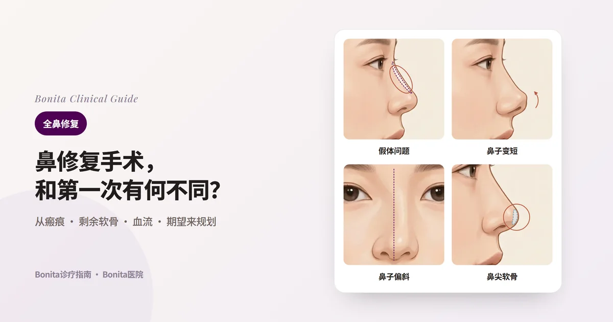 在侧面和正面插图上标出四种常见鼻修复原因的卡片:鼻梁假体问题、硅胶手术后变短的鼻子、偏斜的鼻子、鼻尖软骨问题