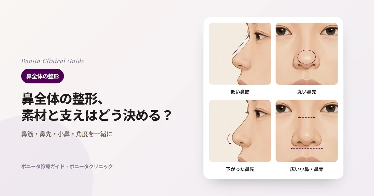 同じ人の鼻のイラスト四枚：鼻筋が低い横顔、鼻先が丸く広い正面、鼻先が下がった横顔、小鼻と鼻筋の上部が広い正面。カードごとに主に扱う部位を書いた。