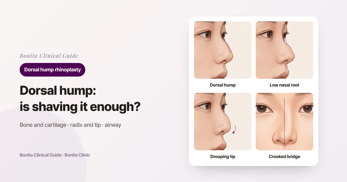 Four nose illustrations marking a clear hump, a low radix, a drooping tip and a bridge that bends to one side, each with the approach usually considered
