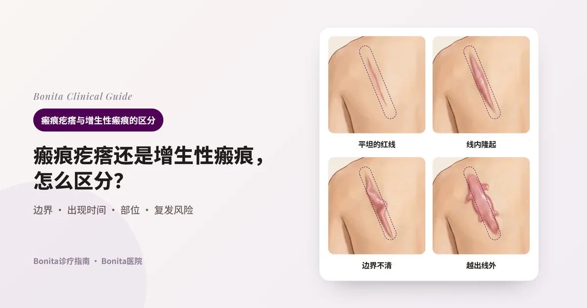 以同一个人左侧肩胛骨上方斜行疤痕的四种状态绘制的卡片：平坦但发红的线、在虚线内隆起的疤痕、似乎稍微越过虚线的凹凸疤痕、越过虚线像蟹钳一样伸展的疤痕。虚线是原伤口边界，每张卡片写明先考虑什么、要确认什么。