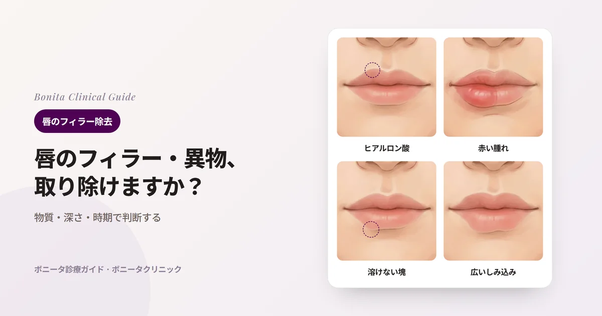 同じ唇のイラスト4枚に、上唇の小さなかたまり、赤く腫れた下唇、下唇に盛り上がった塊、広く大きくでこぼこになった唇をそれぞれ描き、まず検討する治療を記したカード