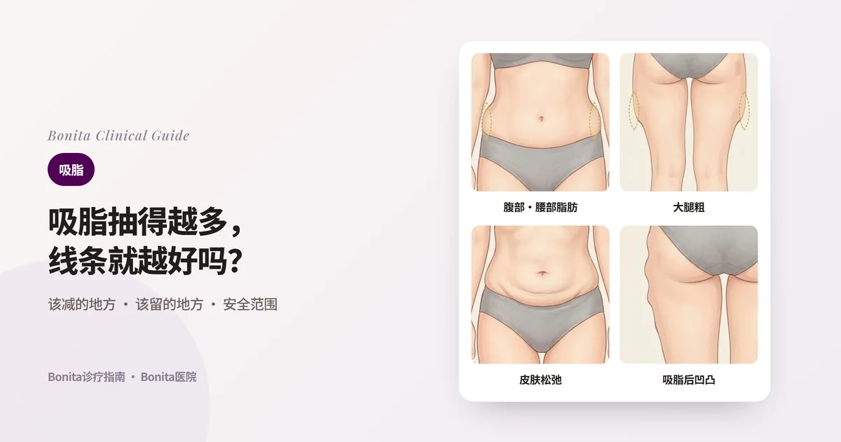 四张身体插图分别画出侧腰厚实的腰部、外侧鼓起的大腿、下腹皮肤松弛起褶、以前吸脂后臀部外侧轮廓凹凸不平，并写出Bonita医院分别首先确认的事项