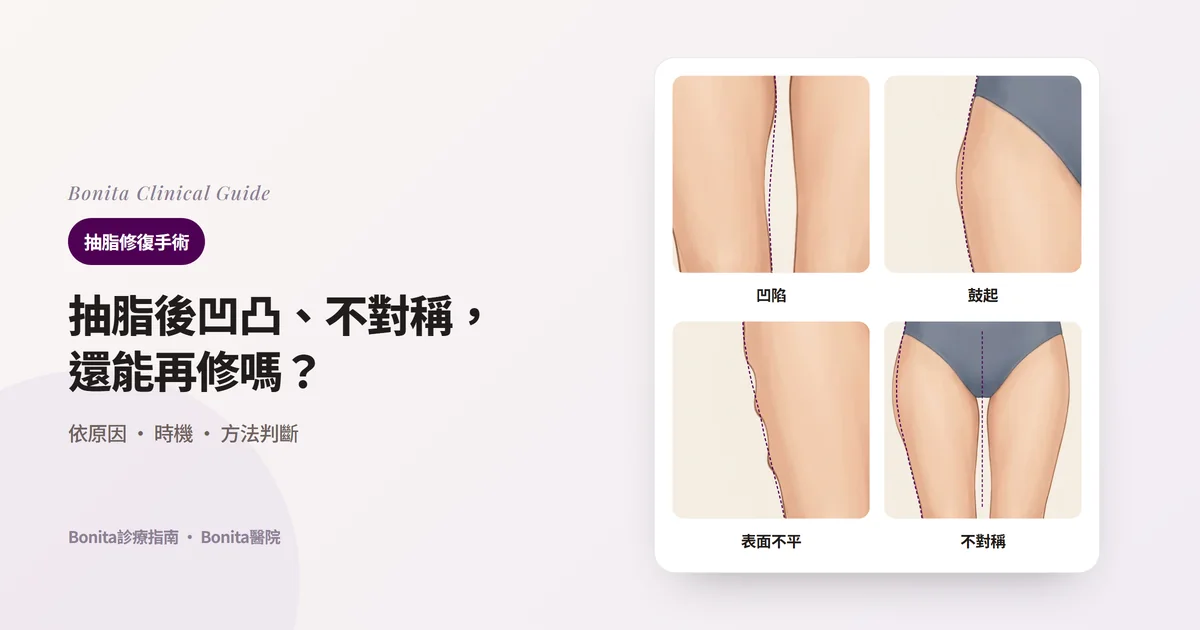 同一人的下半身插圖四張，分別顯示大腿內側凹陷、大腿外側上段留下鼓起、大腿外側輪廓像波浪一樣不平，以及只有一側大腿外側較厚的不對稱，並以虛線標出原來的輪廓