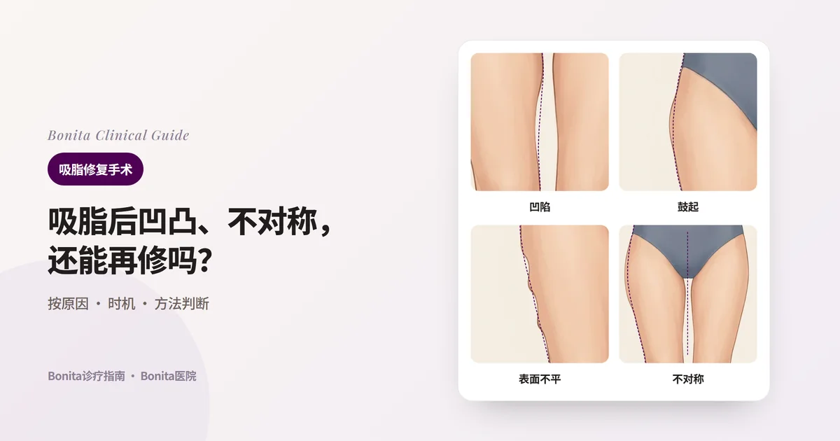 同一人的下半身插图四张，分别显示大腿内侧凹陷、大腿外侧上段留下鼓起、大腿外侧轮廓像波浪一样不平，以及只有一侧大腿外侧较厚的不对称，并以虚线标出原来的轮廓