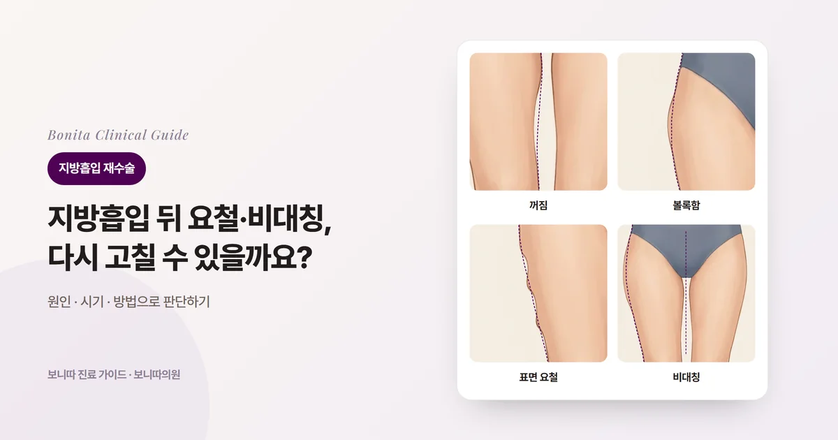 같은 사람의 하체 삽화 네 장에 허벅지 안쪽이 오목하게 꺼진 모습, 허벅지 바깥 윗부분이 볼록하게 남은 모습, 허벅지 바깥 윤곽이 물결처럼 고르지 않은 모습, 한쪽 허벅지 바깥만 두꺼운 비대칭을 원래 윤곽(점선)과 함께 보여 주는 카드