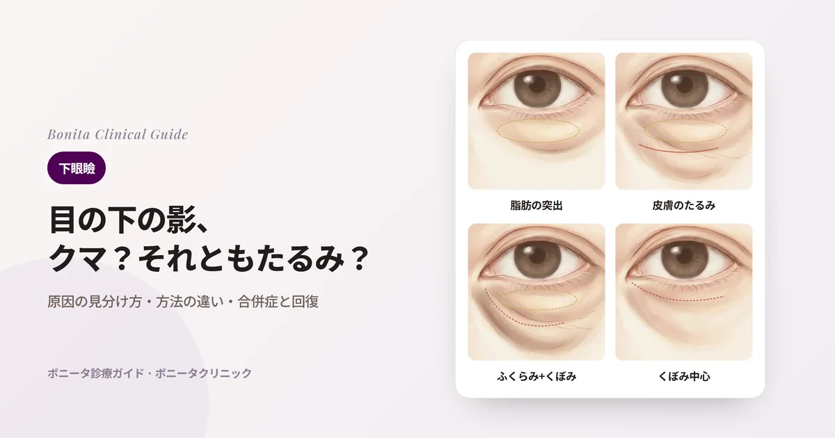 4枚の目のイラストカード：脂肪が主な問題の目の下、脂肪の突出と皮膚のたるみがある目の下、ふくらみの下にくぼみもある目の下、くぼみが主な問題の目の下と、それぞれまず検討する方法