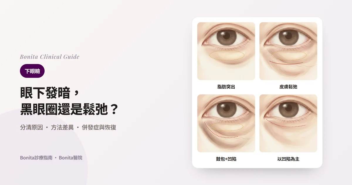 四張眼部插圖卡片：以脂肪為主要問題、脂肪突出加皮膚鬆弛、鼓包下方還有凹陷、以凹陷為主要問題的眼下，以及各自先考慮的方法